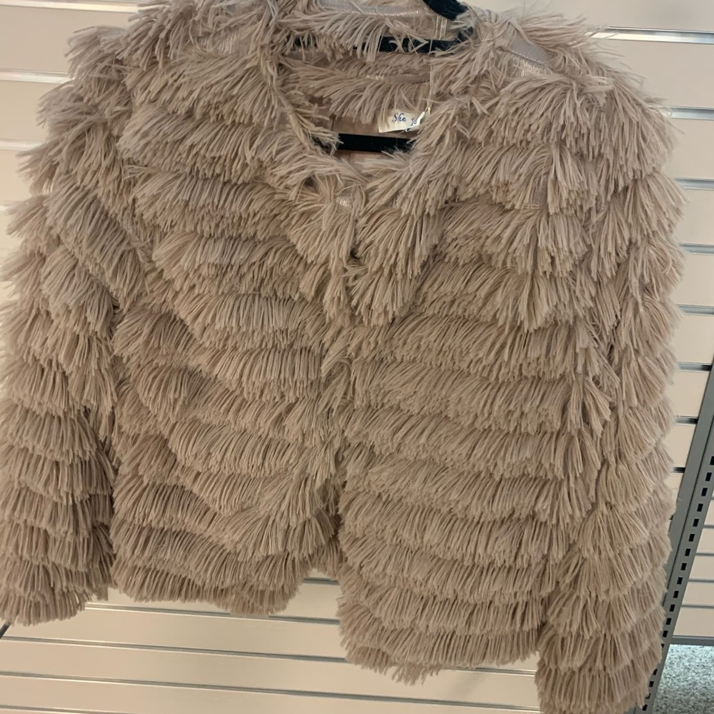 NWT mocha colored shaggy fringe jacket